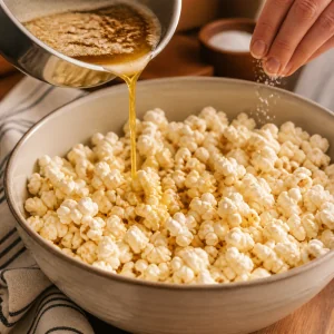 Brown butter drizzled over popcorn while sea salt is sprinkled on top.