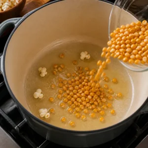 Popcorn kernels being added in an even layer after the test kernels popped.