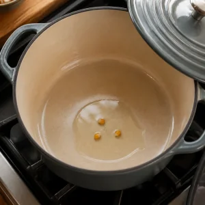 Three test popcorn kernels heating in oil inside a heavy pot.