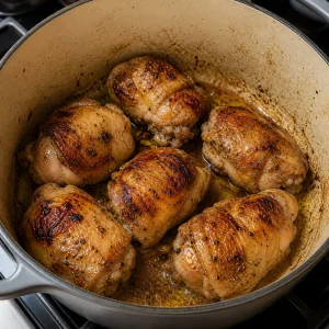 Chicken thighs browning in a heavy pot