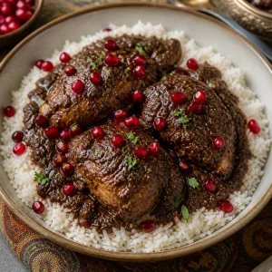 Fesenjan chicken served over basmati rice with pomegranate seeds