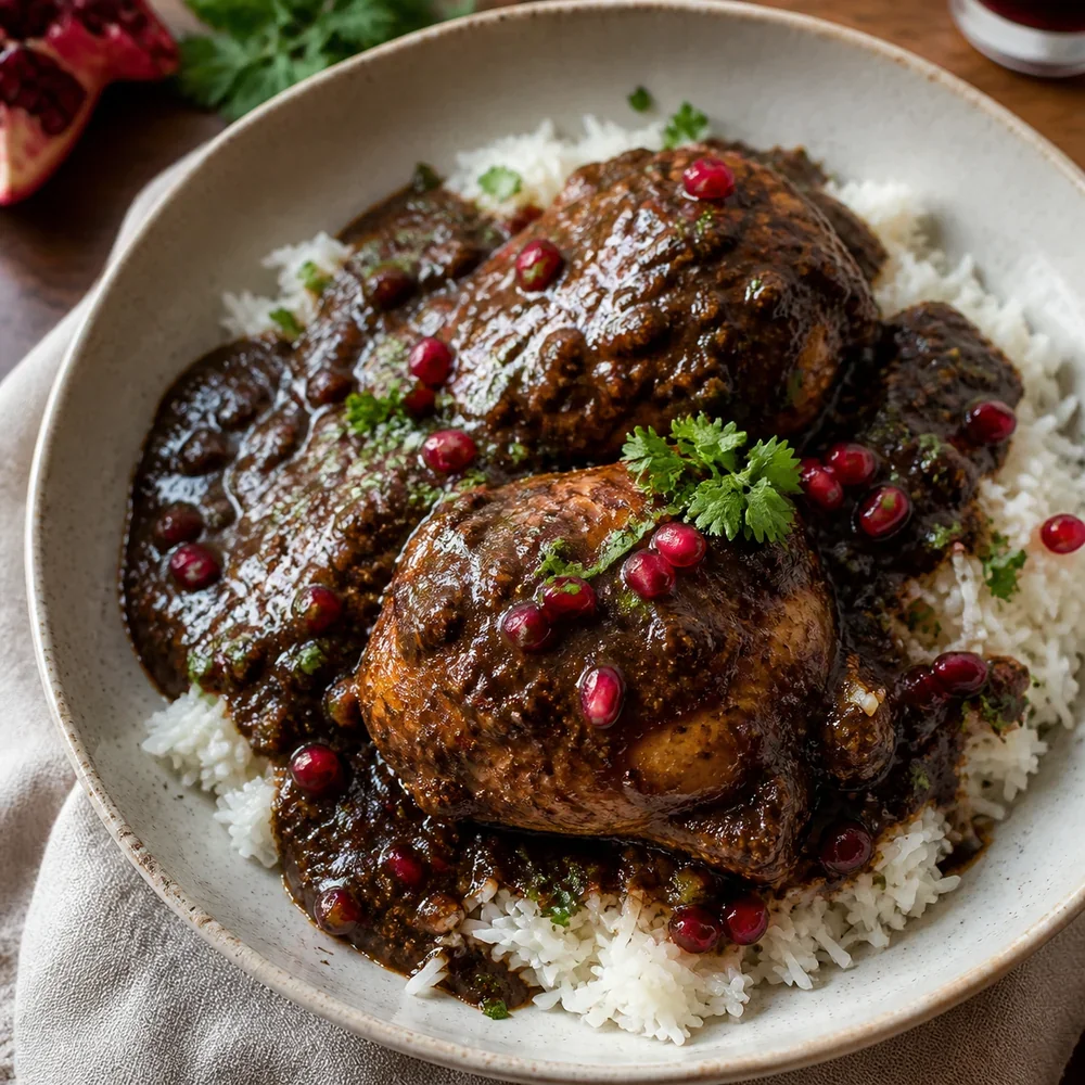 Persian fesenjan chicken over basmati rice with pomegranate seeds