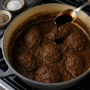 Pomegranate molasses drizzled into the finished sauce