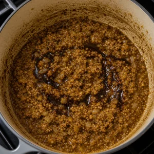 Walnut and pomegranate sauce base stirred in the pot