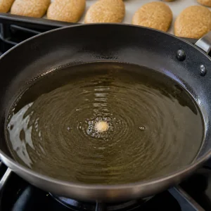 A breadcrumb sizzling in hot oil in a skillet