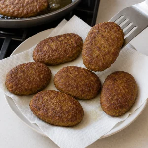 Cooked kotlet patties resting on paper towels