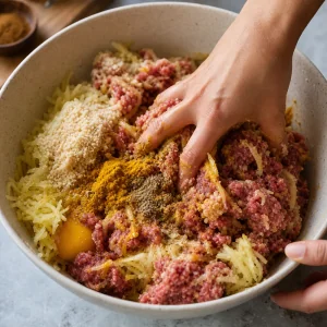 Kotlet mixture being mixed with beef, egg, breadcrumbs, and turmeric