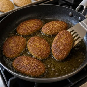 Kotlet patties frying in a skillet until golden brown