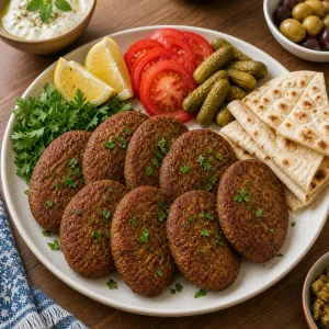 Kotlet served with parsley, lemon, pickles, tomatoes, and flatbread