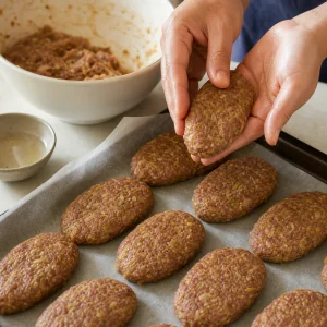 Raw kotlet mixture shaped into thin oval patties