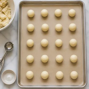 Palline di impasto per biscotti distanziate su una teglia con carta da forno