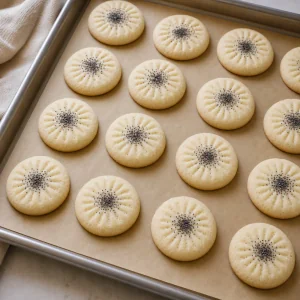 Biscotti di riso chiari appena cotti su una teglia con carta da forno
