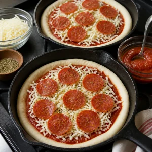 Mini skillet pizzas topped with sauce, mozzarella, pepperoni, and oregano before baking.