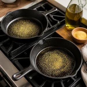 Small cast-iron skillets heating with olive oil and cornmeal for crispy mini pizza crusts.