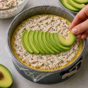 Chicken salad and avocado slices layered over the potato base