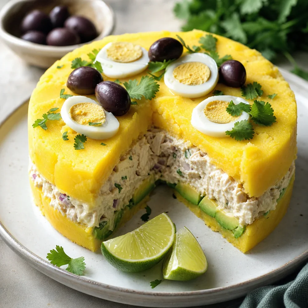 Sliced Peruvian causa limeña with chicken, avocado, egg, olives, and cilantro