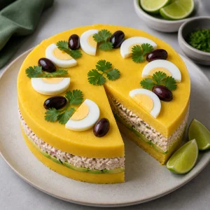 Unmolded causa garnished with egg slices, olives, cilantro, and lime