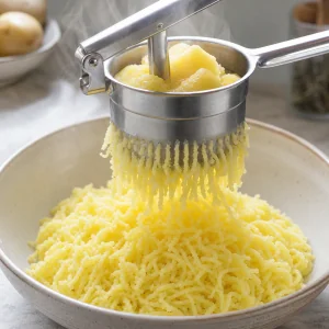 Warm potatoes being pressed through a ricer into a bowl