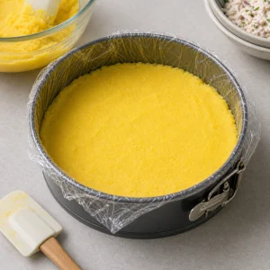 Yellow potato mixture pressed into a lined springform pan