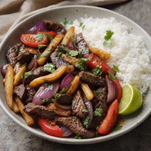 Finished lomo saltado with fries, rice, cilantro, and lime
