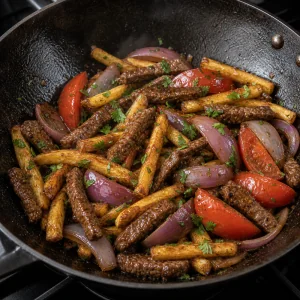 Fries folded into sauced beef and vegetables