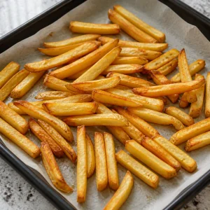 Golden crisp fries on a tray