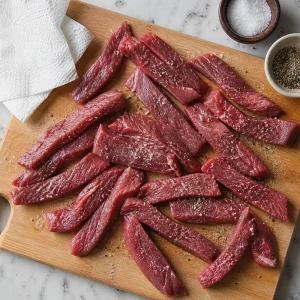 Seasoned steak strips on a cutting board