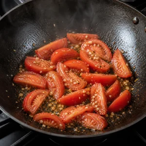 Tomato wedges and garlic softening in a skillet