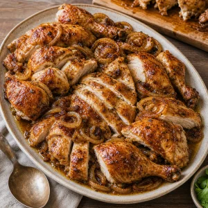 Carved roasted chicken arranged with caramelized onions and pan juices