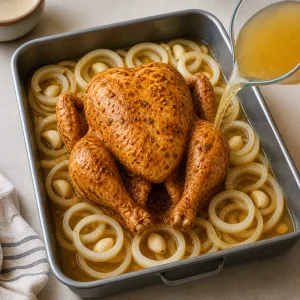 Chicken broth poured into the pan around the sweet onions