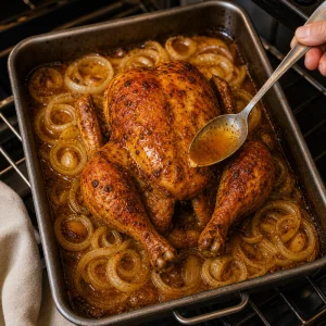 Golden roasted chicken basted with pan juices as onions caramelize