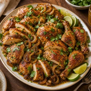 Peruvian style roasted chicken garnished with cilantro and served with lime wedges