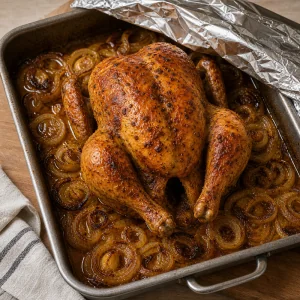 Roasted chicken resting in the pan with caramelized onions and juices