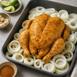 Spice coated whole chicken surrounded by thick sweet onion rings in a roasting pan