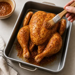 Spice paste rubbed evenly over the whole chicken in the roasting pan