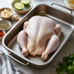 Whole chicken patted dry in a roasting pan before seasoning