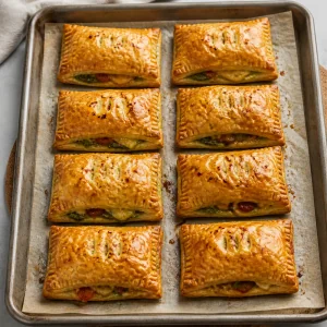 Baked puff pastry pockets puffed and golden on the tray