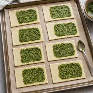 Basil pesto spread on one half of each pastry rectangle