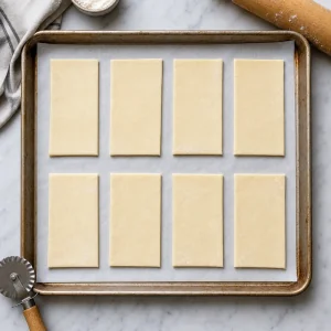 Eight puff pastry rectangles arranged on parchment paper