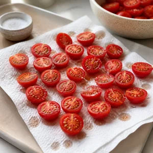 Halved cherry tomatoes salted and dried on paper towels