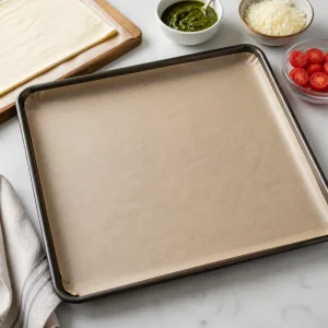 Parchment-lined baking sheet ready for the pastry pockets
