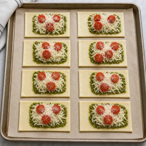 Pastry rectangles topped with pesto, cheese, and tomato halves