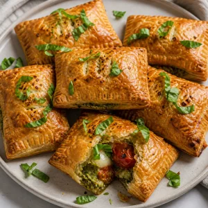 Warm pesto tomato pockets topped with torn fresh basil