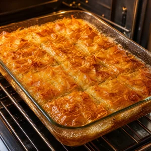 Upieczone ciasto phyllo mocno zlociste i chrupiace z bulgoczacymi brzegami