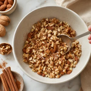 Chopped walnuts almonds cinnamon and salt mixed in a bowl