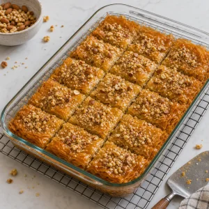 Nasaczone miodem chrupiace ciasto phyllo stygnace na kratce przed podaniem