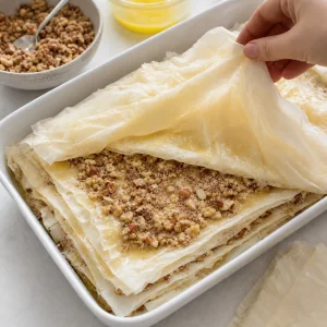 Ciasto phyllo ukladane warstwami z maslem i nadzieniem orzechowym