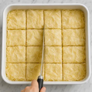 Nieupieczone ciasto phyllo pokrojone przed pieczeniem na dwanascie kwadratow