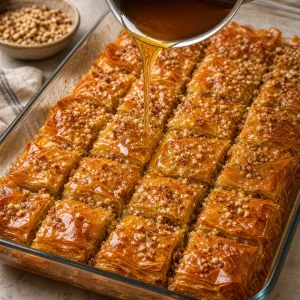 Cieply syrop miodowy wylewany na gorace zlociste kwadraty ciasta phyllo