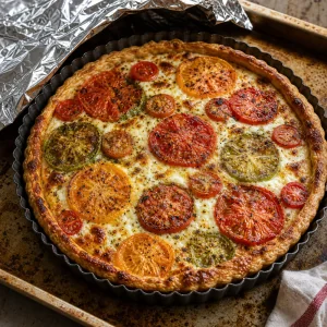 Baked heirloom tomato mozzarella tart with golden crust